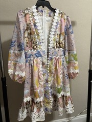 Women&rsquo;s Fancy Floral Dress, Embroidered Trim Of Flowers At Neck &Lacey Hem Trim