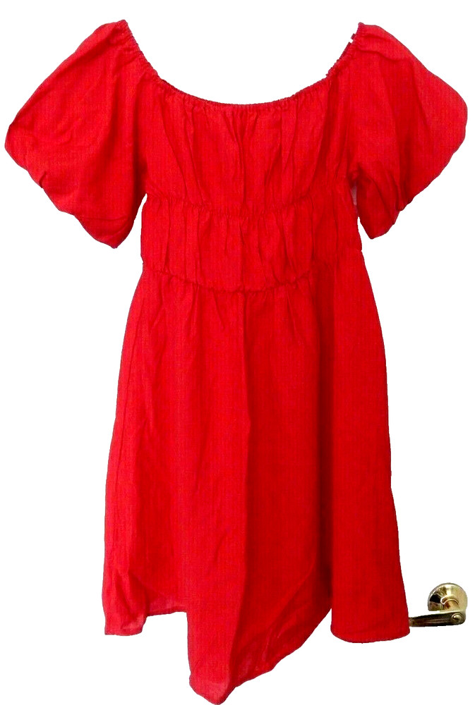 Gathered Bodice Bohemian Peasant Dress Sundress-L, red