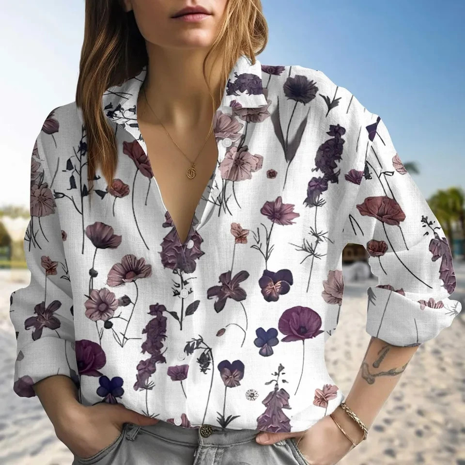 Purple Botanical Wildflower Shirt Spring Floral Nature Mom Blouse Casual Gift