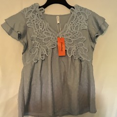 Falechay Blue Solid Lace V-Neck Pullover Short Ruffle Sleeve Blouse S