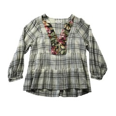 Anthropologie Plaid Floral Metallic Peplum Blouse Cream Black Wool Blend Large
