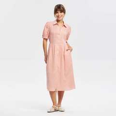 Women Puff Short Sleeve Eyelet Midi Shirtdress – Universal Thread Pink M