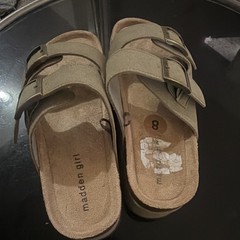 Madden Girl Women’s Green Faux Leather Slide Sandals Double Buckle Straps 8
