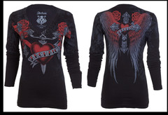 ARCHAIC by AFFLICTION Black HEART STRUCK Sinful Womens Long Sleeve T-shirt NWT