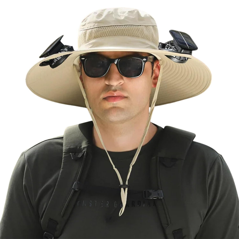 Outdoor Wide Brim Sun Hat with 2 Solar Fans Fishing Hiking Camping UV Protection
