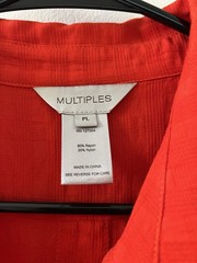 Multiples Red Woven Rayon Nylon Solid Collared Button Front 3/4 Blouse PL