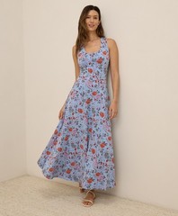 Pact Women’s Extra Small Fit & Flare Open Back Maxi Dress Nightfall Blooms Blue