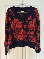 Garnet Hill Everly Jacquard Alpaca Pima Cotton Sweater Floral V Neck Womens XS