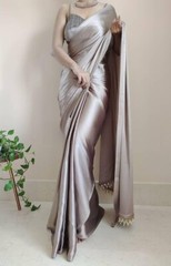 Solid/Plain Bollywood Satin, Silk Blend Saree (Grey)