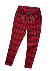 Banned Alternative Red Plaid Pants Gothic Punk Grunge Pentagram Zipper Skinny S