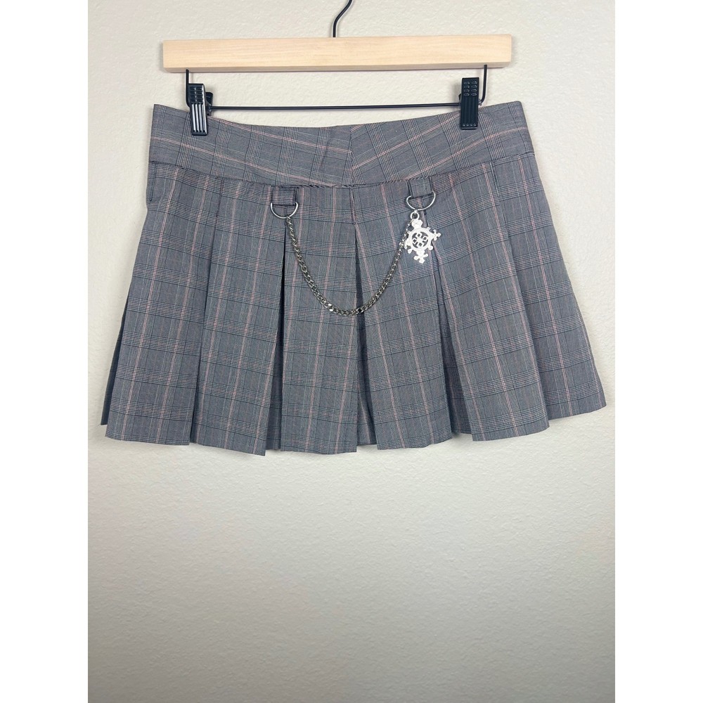 Vintage Wet Seal Plaid Skirt Pleated Mini Gray Red Chain Cross Sz 5 Y2K Punk Got