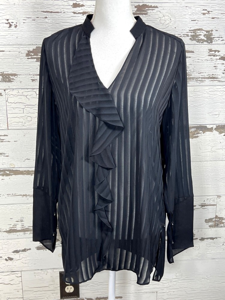 ETCETERA Silk Blend Cascading Ruffle Semi-Sheer Blouse Black Sz 6 EUC