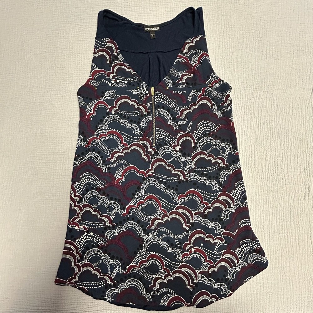 Express Navy Blue Cloud Printed Mixed Media Zip Front Tank Blouse