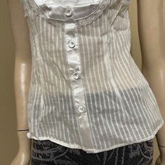 Women’s White Cotton Casual Sheer Striped Lace Satin Buttons Size L Blouse Top