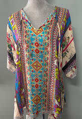 Johnny Was Mulit-color Dolman Sleeve Keyhole Tunic Lace Trim, Front Tie Top Size