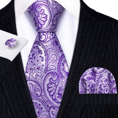 Silk Jacquard Tie Set Floral Violet Necktie Hanky Cufflinks Wedding Men&rsquo;s Ties