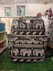 Cloth Backpack, Elephant Thai Pattern, Handmade, Blue Coins Keychain, Keys, Bank