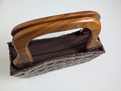 Handcrafted Brown Woven Coconut Shell Purse with Wooden Handles & Zipper Closure