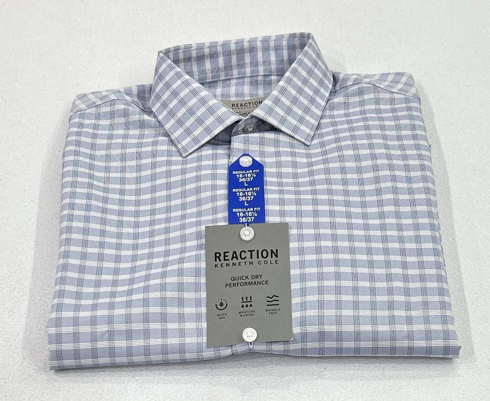 Kenneth Cole Men&rsquo;s Quick Dry Performance Dress Shirt, Blue, L (16-16.5,36/37)
