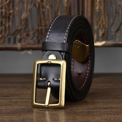 Italian Veg Tanned Cowhide Double Sided Belt Stitching Brass Buckle 3.3cm 3.8cm