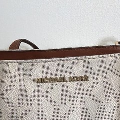 Michael Kors Women’s White/Gray Logo Tote Bag Zip, Gold Hardware, Double Handles
