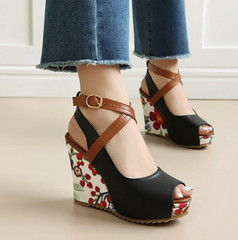 Peep Toe Womens Platform High Wedge Heels Slingback Sandals Cross Strap Shoes