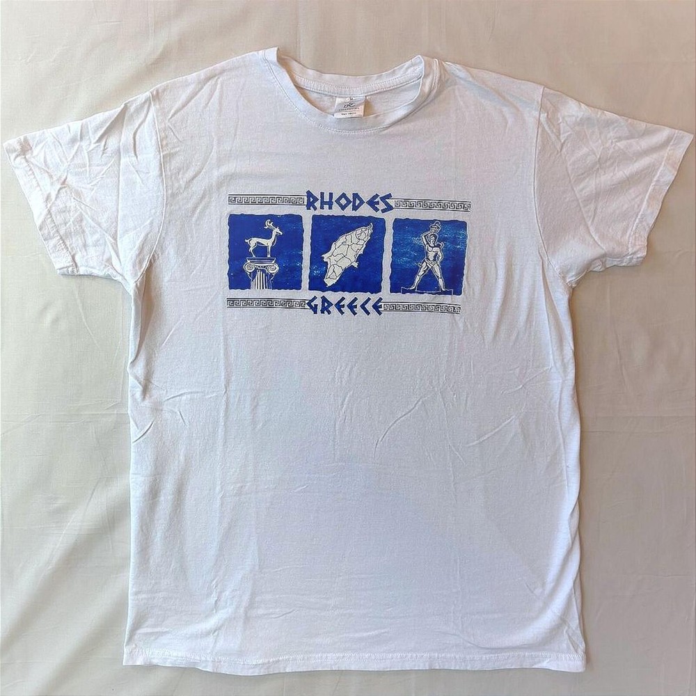 Rhodes Greece Souvenir T-Shirt White Large B&C Collection Tourist Tee Colossus