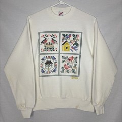 Vintage 80s Jerzees Spring Cross Stitch Birds White Sweatshirt Sz S Made in USA