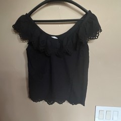 Andrée By Unit Women’s Black Solid Cotton Eyelet Scoop Neck Flutter Crop Blouse