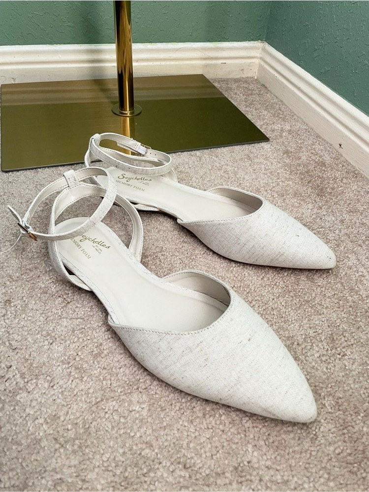 New Seychelles Memory Foam Footbed Pointed Toe Linen Strap Flats Size 10M Cream