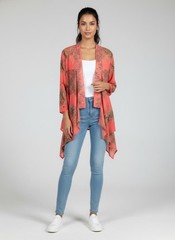 Cato Coral Paisley Print Open Front Cardigan SZ LG