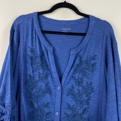 Catherines Embroidered Button Front Tunic Size 5X Blue Floral Cotton Modal
