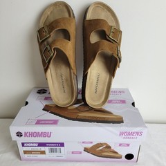 Khombu Women&rsquo;s Asheville Sandal Brown Suede Cork Sole Double Strap Buckle