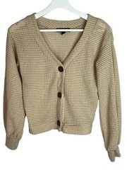 Derek Heart Womens Small Waffle Knit Cardigan Tan Button Front