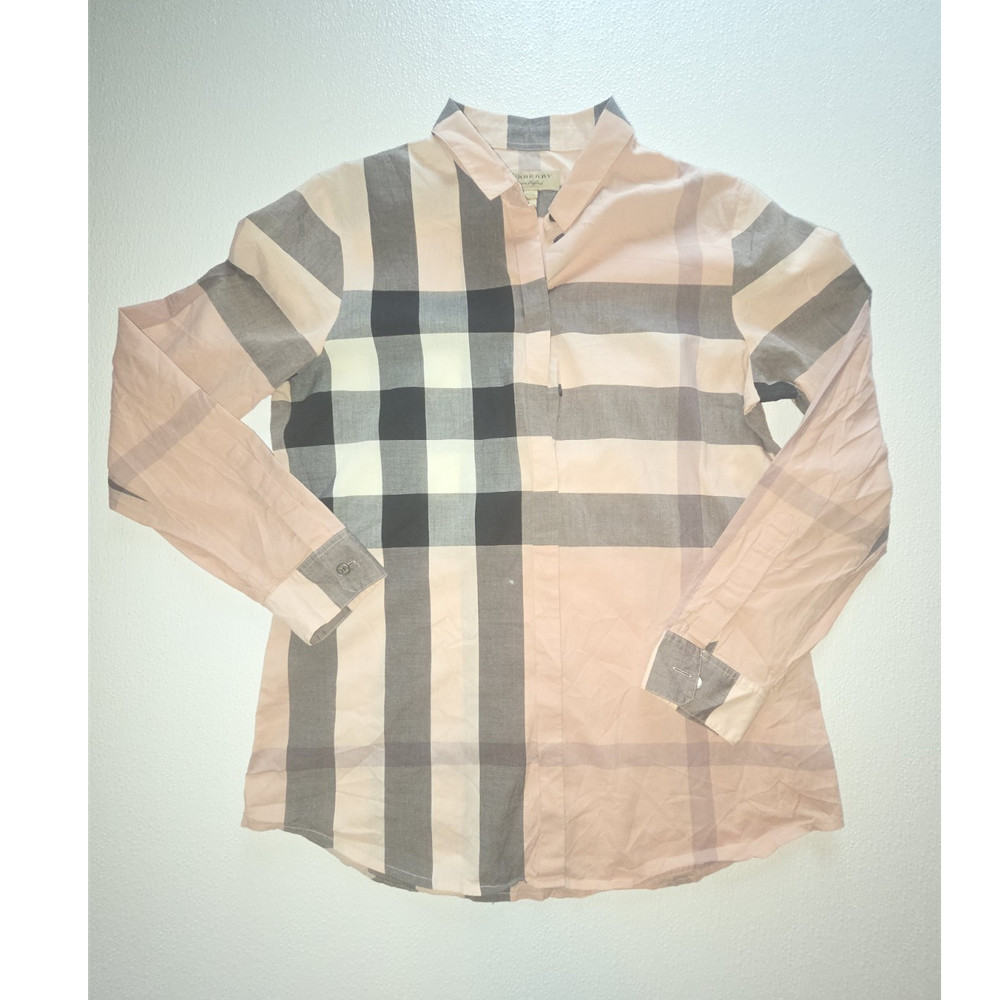 Burberry womens Pink Gray Check Button-Up Shirt Small Cotton Woven Long Sleeve