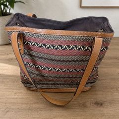 Eric Javits Striped Brown Multicolor Tote Zip Top Lined Pockets Studs