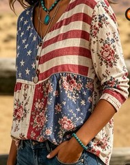 USA Flag Floral Patchwork V-Neck Button Front 3/4 Sleeve Blouse XXL