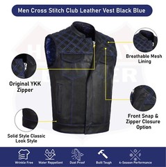 BLUE HL11693SPTBLUE Black Men Cross Stitch Club Leather Vest