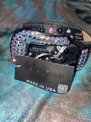 BB SIMON Black leather / Aurora Borealis Crystals Belt SIZE 32