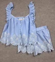 Calypso St. Barth Cotton Blue Seashell Eyelet Sleepwear Short Set Size Large