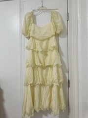 Women’s Yellow Solid Square Neck Puff Short Sleeve Ruffle Midi Dress Zip S