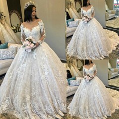 Wedding Dresses Puffy Long Sleeves Lace Applique Court Train V-neck Bridal Gowns