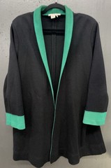 Vtg Wool Blend Jacket Blazer L Black Emerald Green Open Front Cardigan 80s 90s