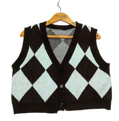 90s Y2K Cropped Sweater Vest Size M Argyle Diamond Knit Mint Green Brown