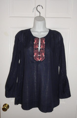 LILLY PULITZER NAVY WITH SILVER THREAD PINK SHELL TRIM AT NECKLINE TOP LARGE