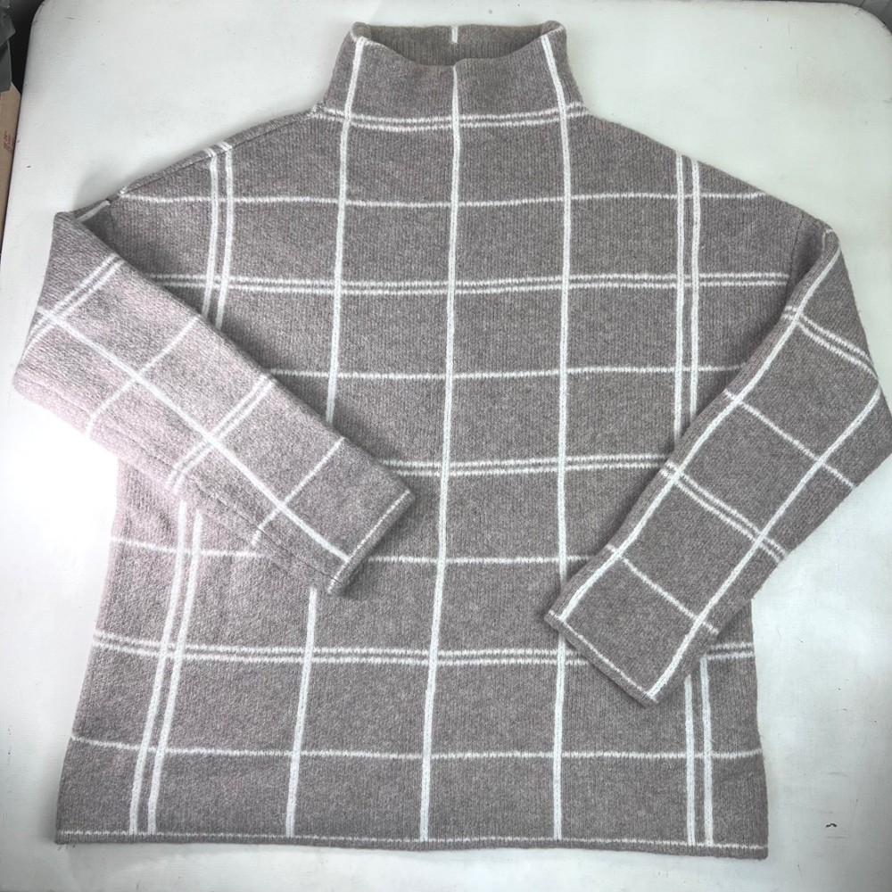 Beige Wool Plaid Mock Neck Pullover Sweater Large Christian Siriano New York
