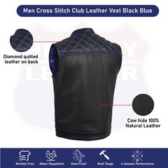 BLUE HL11693SPTBLUE Black Men Cross Stitch Club Leather Vest