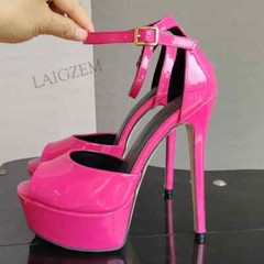 Women Pumps Peep Toe Shiny Thin High Heels Sandals Ankle Strap Shoes Woman