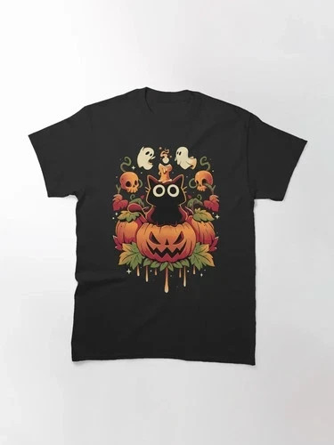 Halloween Black Cat Candle Graphic T-Shirt Cozy Autumn Spooky Cotton Tee