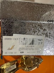 Gold Embellished Rhinestone Clear Upper And 3.5” Flare Heels NIB Size 7 Orig $69